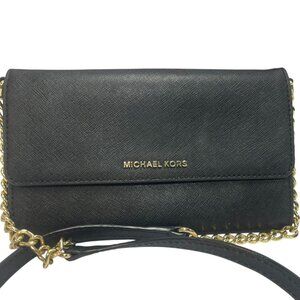 Michael Kors Bag Wallet On A Chain Jet Set Crossbody Black Leather Gold Chain